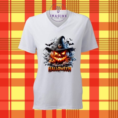 T-shirt personnalisé pour femme - col v - sublimation - halloween - citrouille - bonbons - fantôme - chauve-souris