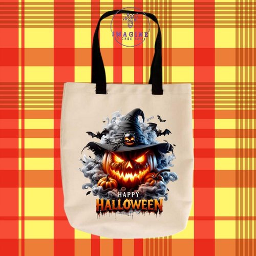 Tote bag taille m - sublimation - halloween - citrouille - bonbons - fantôme - chauve-souris - chapeau noir - crâne