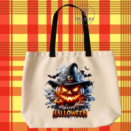 Tote bag taille l - sublimation - halloween - citrouille - bonbons - fantôme - chauve-souris - chapeau noir - crâne