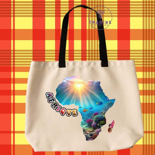 Tote bag taille l - sublimation - carte afrique - fond marin - continent - cameroun - kenya - savane - baobab