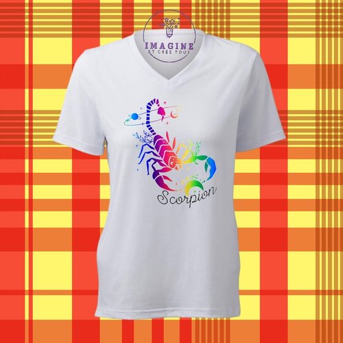 T-shirt personnalisé pour femme - col v - sublimation - signe du scorpion - constellations - horoscope - galaxie