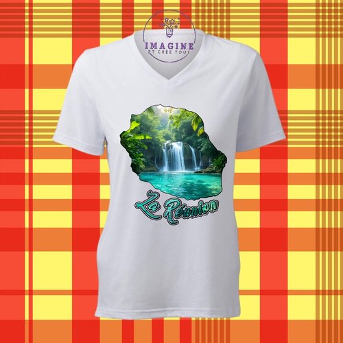 T-shirt personnalisé pour femme - col v - sublimation - carte île de la réunion - cascade - paille en queue - 974