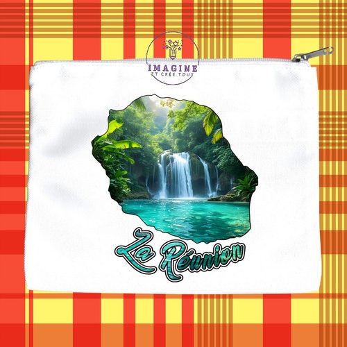 Trousse l - maquillage - sublimation - carte île de la réunion - cascade - paille en queue - 974 - personnalisation