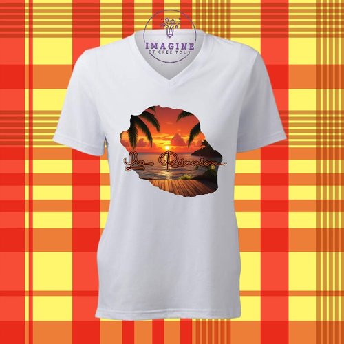 T-shirt personnalisé pour femme - col v - sublimation - carte île de la réunion - couché soleil - 974 - paille en queue