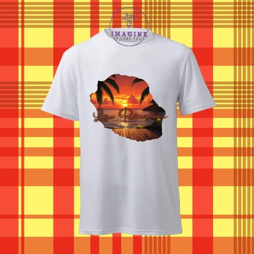 T-shirt personnalisé pour homme - ras du cou - sublimation - carte île de la réunion - couché soleil - 974 - paille en queue