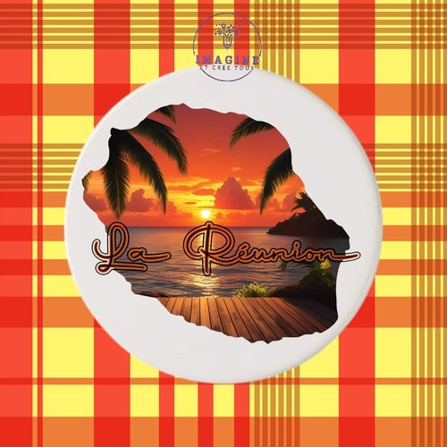 Sous verre en céramique - sublimation - carte île de la réunion - couché soleil - 974 - paille en queue - personnalisation