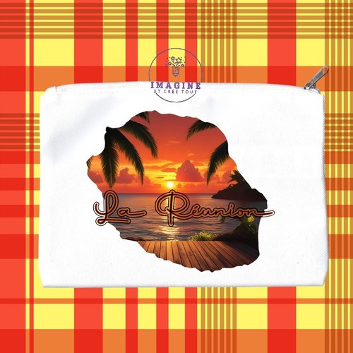 Trousse m - maquillage - sublimation - carte île de la réunion - couché soleil - 974 - paille en queue - personnalisation