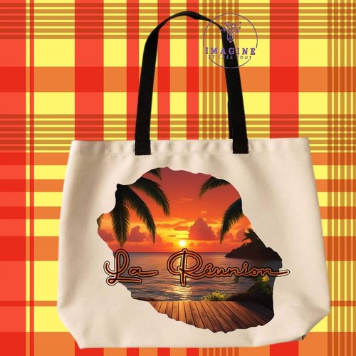 Tote bag taille l - sublimation - carte île de la réunion - couché soleil - 974 - paille en queue - personnalisation