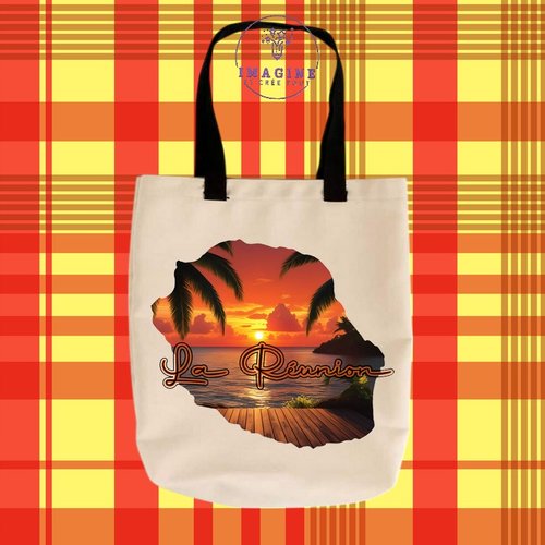Tote bag taille m - sublimation - carte île de la réunion - couché soleil - 974 - paille en queue - personnalisation