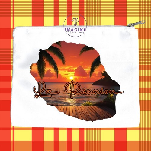 Trousse l - maquillage - sublimation - carte île de la réunion - couché soleil - 974 - paille en queue - personnalisation