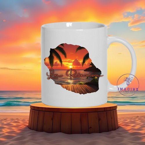 Mug - tasse - sublimation - carte île de la réunion - couché soleil - 974 - paille en queue - personnalisation
