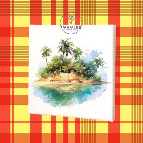 Tableau mural - canvas - sublimation - paysage tropical - impression infusible ink - cocotiers - sable - lagon - toile
