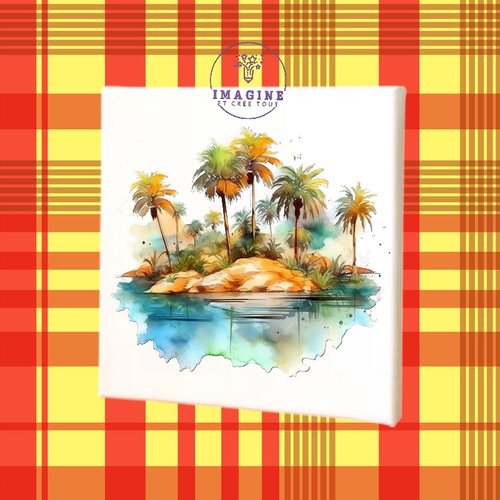 Tableau mural - canevas - sublimation - paysage tropical - impression infusible ink - cocotiers - sable - lagon - toile