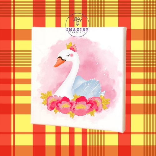 Tableau mural - sublimation -  impression infusible ink - toile - canvas - pink - rose - watercolor - fleurs - couronne - cygne