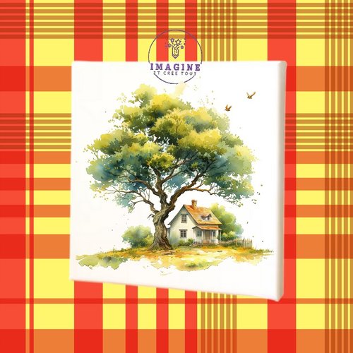 Tableau mural - sublimation -  impression infusible ink - toile - canvas - maison - house - arbre - tree - watercolor