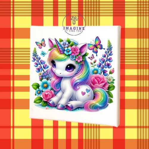 Tableau mural - sublimation -  impression infusible ink - toile - canvas - licorne - corne - papillons - cœurs - rosier - fille