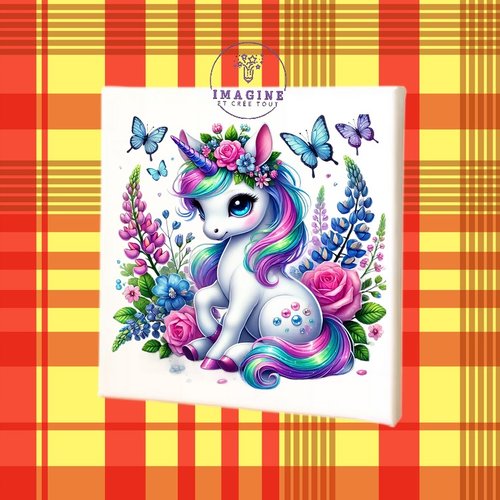 Tableau mural - sublimation -  impression infusible ink - toile - canvas - licorne - corne - papillons - arc en ciel - rose