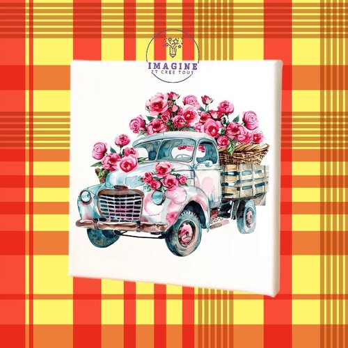 Tableau mural - sublimation -  impression infusible ink - toile - canvas - baby carriage - roses - camionnette fleurie