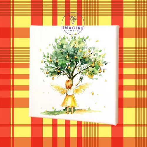 Tableau mural - sublimation -  impression infusible ink - toile - canvas - angel - ange - tree - arbre - watercolor - cloches