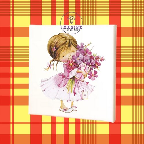 Tableau mural - sublimation -  impression infusible ink - toile - canvas - fillette - girl - bouquet de fleurs - flowers