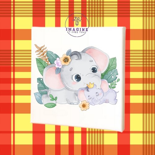 Tableau mural - sublimation -  impression infusible ink - toile - canvas - painting - éléphants - couronne - baby shower