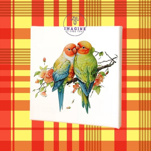 Tableau mural - sublimation -  impression infusible ink - toile - canvas - lovebird - heart - perruches - tropique - oiseaux