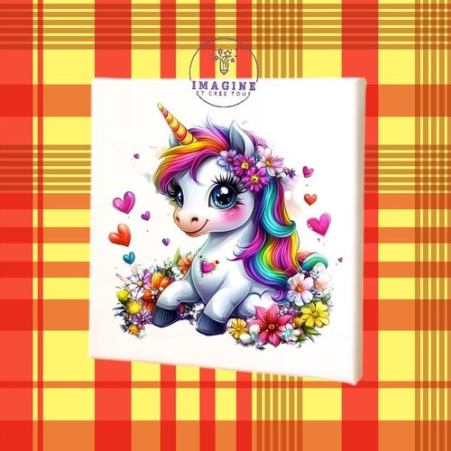 Tableau mural - sublimation -  impression infusible ink - toile - canvas - adorable unicorn - arc en ciel - rainbow - cœurs