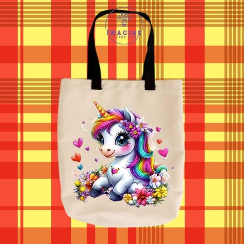 Tote bag taille m - sublimation - adorable unicorn - arc en ciel - rainbow - cœurs - licorne - impression ink