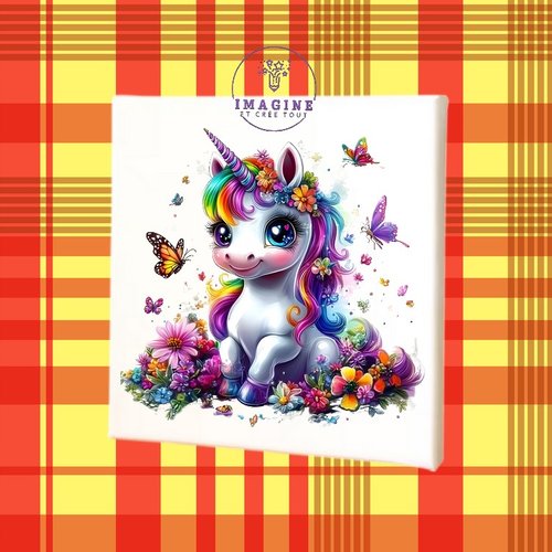 Tableau mural - sublimation -  impression infusible ink - toile - canvas - adorable unicorn - rainbow - papillons - fleurs