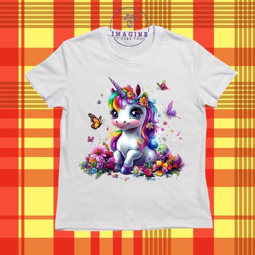T-shirt personnalisé pour jeunes - col rond - sublimation -  impression infusible ink - unicorn - rainbow - papillons - fleurs