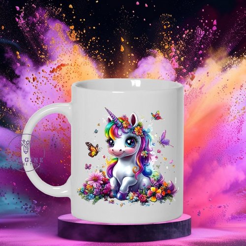 Mug - tasse - sublimation - impression infusible ink - adorable unicorn - rainbow - papillons - fleurs - arc en ciel