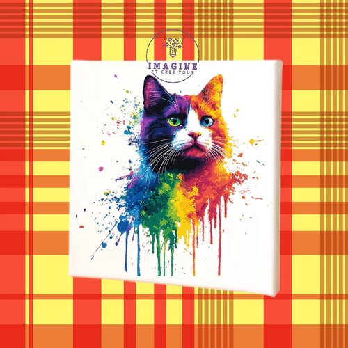 Tableau mural - sublimation -  impression infusible ink - toile - canvas - cat - chat - colorful - rainbow - arc en ciel