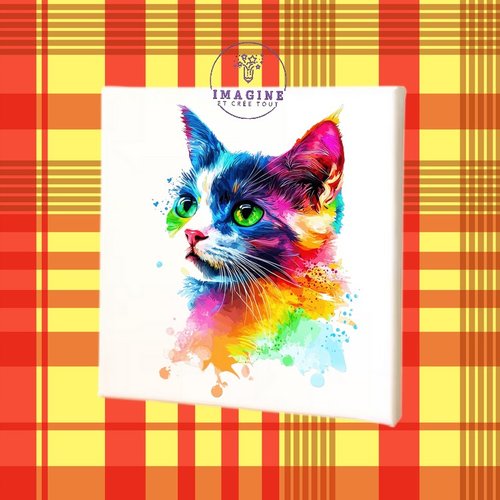 Tableau mural - sublimation -  impression infusible ink - toile - canvas - cat - chat - colorful - rainbow - arc en ciel
