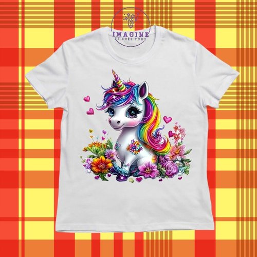 T-shirt personnalisé pour jeunes - col rond - sublimation -  impression infusible ink - unicorn - rainbow - cœurs - flowers
