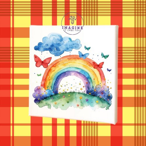 Tableau mural - sublimation -  impression infusible ink - toile - canvas - watercolor - rainbow - papillons - nuage