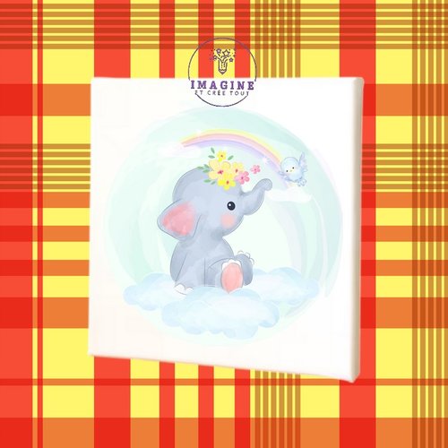 Tableau mural - sublimation -  impression infusible ink - toile - canvas - baby elephant - clouds - rainbow - nuages