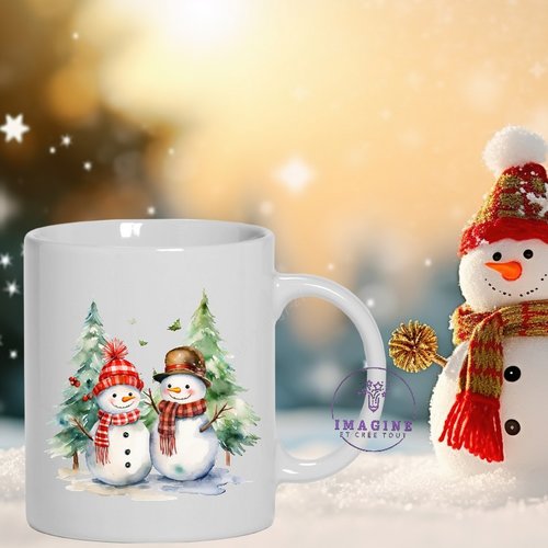 Mug - tasse - sublimation - impression infusible ink - cute snowmen - adorable bonhommes de neige - watercolor