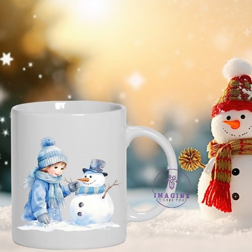 Mug - tasse - sublimation - impression infusible ink - watercolor cute child - adorable fillette - bonhomme de neige