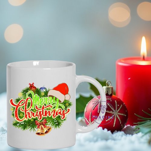 Mug - tasse - sublimation - impression infusible ink - typography merry christmas - boules - bonnet - épines sapin