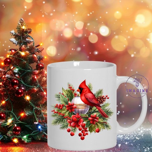Mug - tasse - sublimation - impression infusible ink - cardinal - bird - christmas - décorations - branches sapin - houx