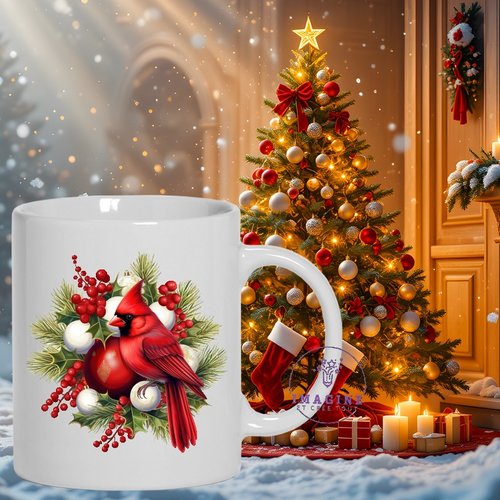 Mug - tasse - sublimation - impression infusible ink - christmas - cardinal - bird - noël - oiseau - boules - houx