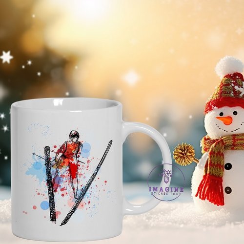 Mug - tasse - sublimation - impression infusible ink - watercolor - sking - winter - hiver - athlète - skieur - neige - skies