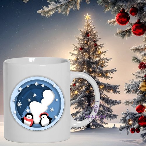 Mug - tasse - sublimation - impression infusible ink - couple de pingouins - winter - hiver - 3d - étoiles - montagne