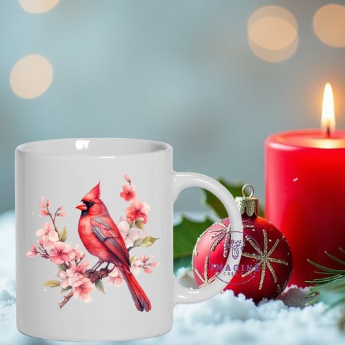 Mug - tasse - sublimation - impression infusible ink - watercolor - red cardnal - flower - oiseau - bird - rouge - noël