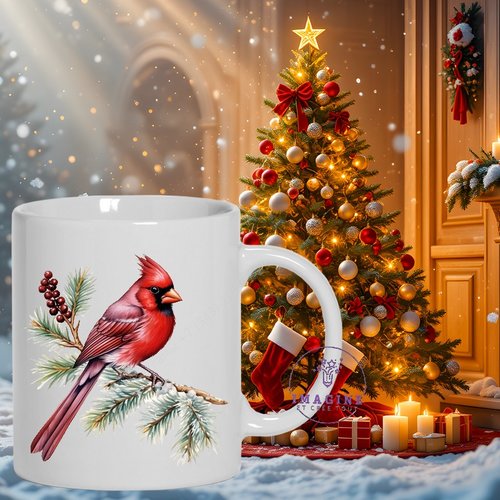 Mug - tasse - sublimation - impression infusible ink - red cardinal - branche - sapin - neige - christmas - noël - oiseau