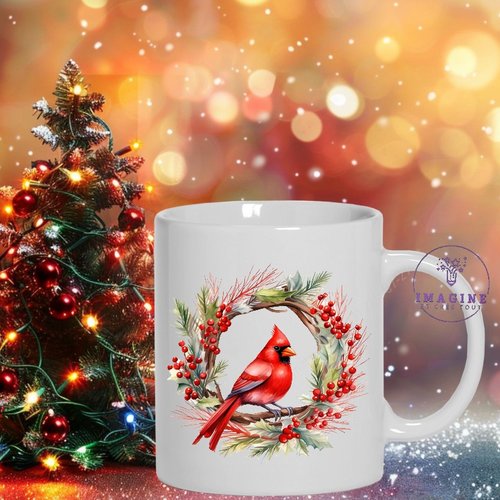 Mug - tasse - sublimation - impression infusible ink - watercolor - red cardinal - bird - oiseau red - couronne sapin