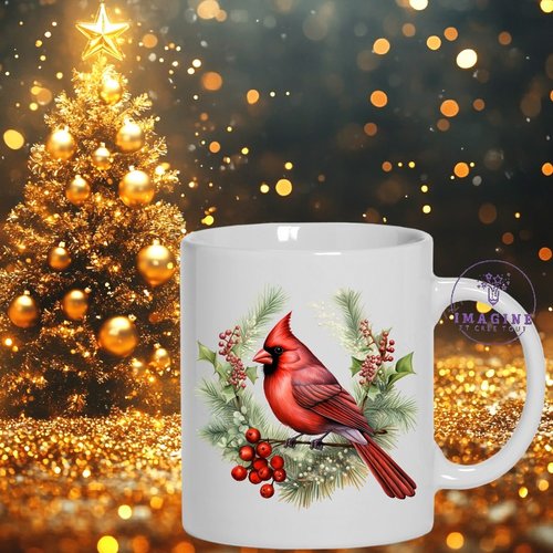 Mug - tasse - sublimation - impression infusible ink - red cardinal - branche sapin - winter - hiver - noël - christmas
