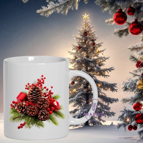 Mug - tasse - sublimation - impression infusible ink - christmas red décorations - pommes de pin - épines sapin