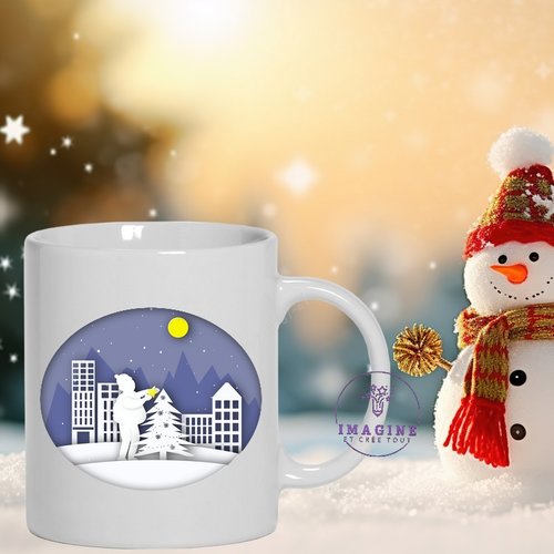 Mug - tasse - sublimation - impression infusible ink - winter - forest - hiver - forêt  - maisons - lune - étoiles - sapin