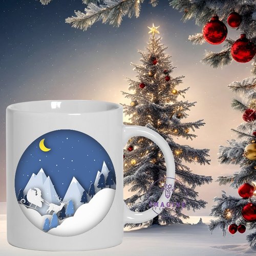 Mug - tasse - sublimation - impression infusible ink - winter - forest - hiver - forêt  - traîneau - renne - lune - montagnes